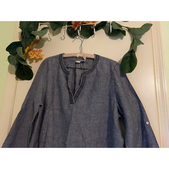 Artisan NY 1X 100% Linen Tunic Top Blue Long Sleeve Embroidered Boho Peasant Blo - Picture 8 of 13